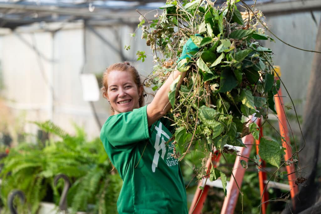 Smiling woman in a green shirt lifts a pile of garden plants and leaves inside a greenhouse.