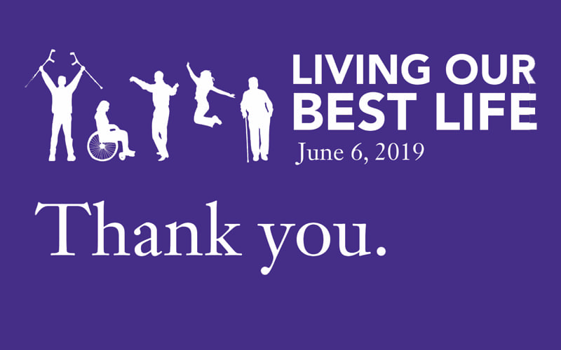 Purple poster with white silhouettes of diverse people and the text "Living Our Best Life, June 6, 2019" at the top and "Thank you." at the bottom.