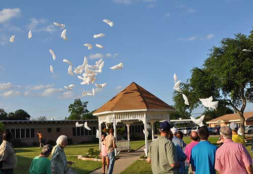 A group of people standing on a sidewalk near a gazebo during a symbolic dove release.